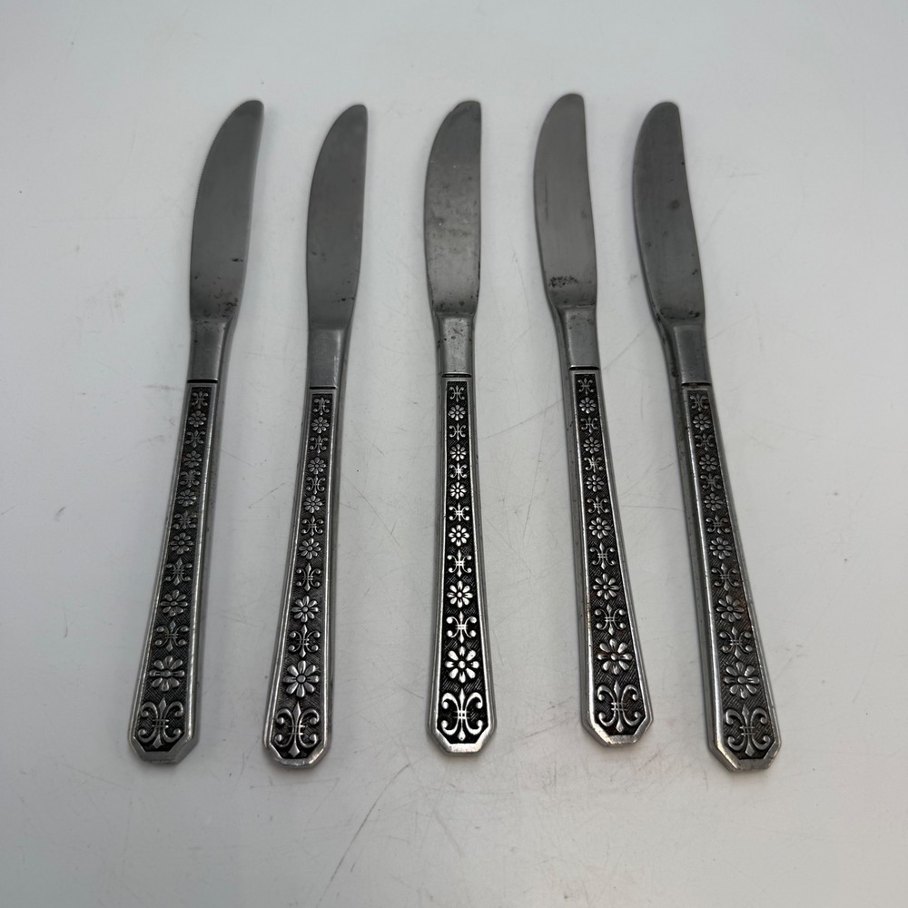 Vintage Interpur Florenz Japan Stainless Steel Fleur De Lis Dinner Knives 5
